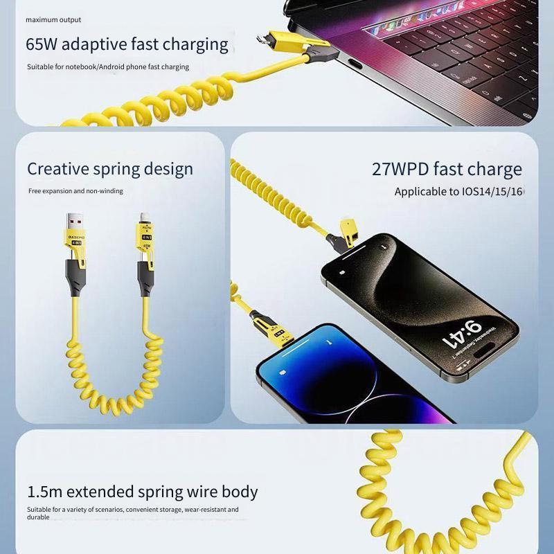 Cáp dữ liệu lò xo có thể thu vào 4 trong 1 65W Cáp dữ liệu sạc siêu nhanh USB / Type C sang Type C / IOS Cáp dữ liệu sạc cho điện thoại Máy tính bảng, máy tính xách tay