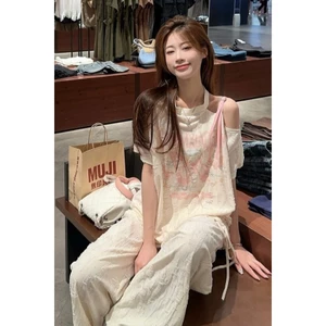 Pure Desire Không Dây In Hình Dây Rút Áo Thun Tay Ngắn Rời Thời Trang Niche Sang Trọng Rách Thiết Kế Top 5.19