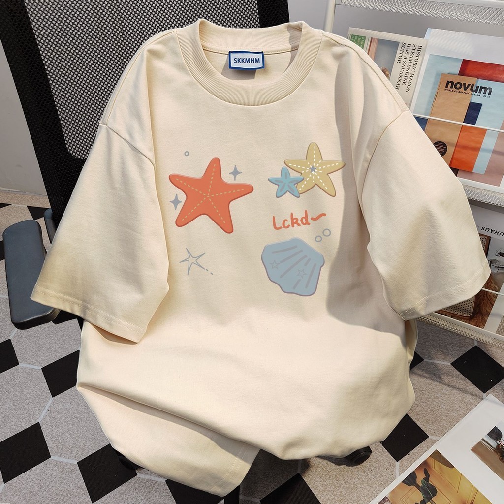 （Giao hàng 24h）Angela Áo phông nam nữ xám ghi form rộng In hình sao biển áo thun mùa hè hàn quốc Local Brand