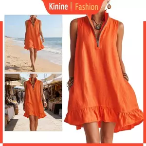 Casual Sleeveless A Line Dress Cotton Blend Semi Zip Neck For Women Lady
