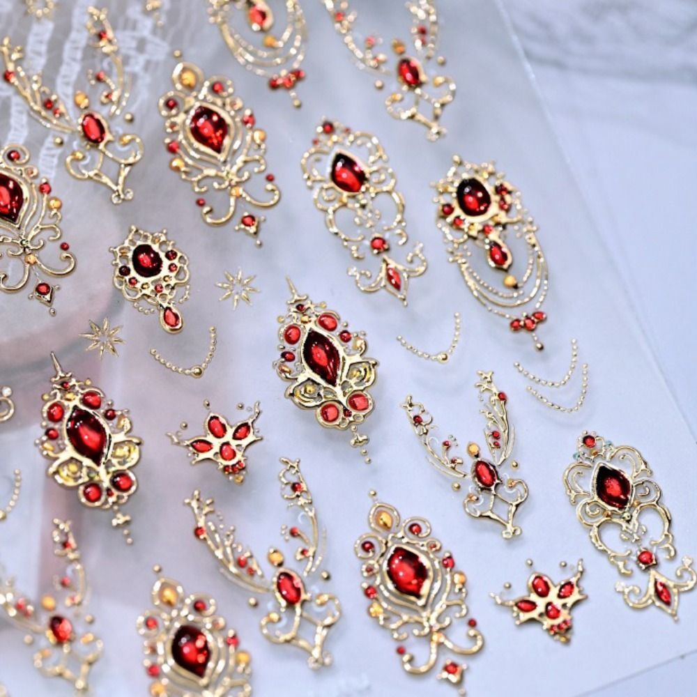 FLAZEA 5D Dán Móng Tay, Thiết Kế Sang Trọng Sáng Bóng Baroque Scepter Móng Tay, Vương Miện Vòng Cổ Ngọc Lục Bảo Màu Ruby Vàng Scepter Đỏ Xanh Đá Quý Giả Đá Quý Móng Tay Xmas Móng Tay