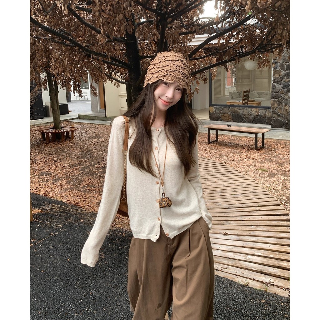 Thu Đông Màu Sắc Tương Phản Sọc Dệt Kim Dài Tay Cardigan Top Nữ Phong Cách Hàn Quốc Mùa Thu Mặc Áo Len Áo Khoác