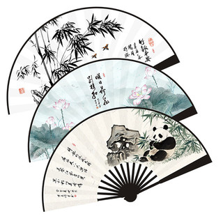 Quạt gấu trúc gấp tre, vải lụa hoa sen, phong cách Trung Hoa, hai mặt, di động học sinh, 25.11.26