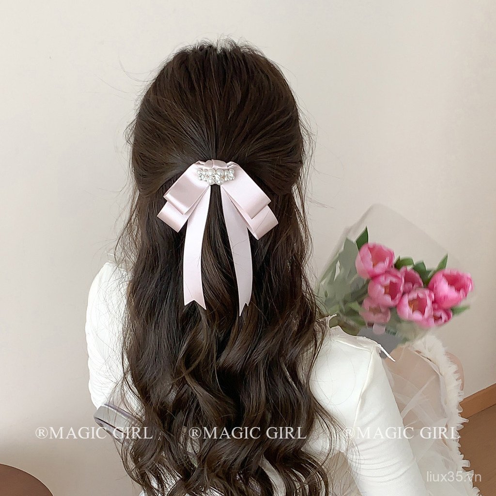 LXY Công Chúa Hàn Quốc Satin Ruy Băng Nơ Kẹp Tóc Tính Khí Kim Cương Giả Ngọc Trai Kẹp Tóc Mũ Đội Đầu Mỏ Vịt Cao Cấp Kẹp Phụ Kiện Tóc
