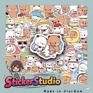 Set Sticker Bé gấu nâu trắng Chống Nước Dán Laptop Vali Mũ Bảo Hiểm Sổ Tay