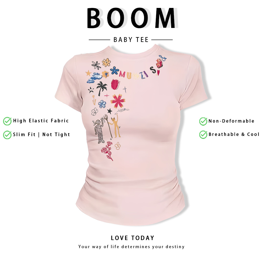 BOOM Áo Baby Tee Nữ Cotton Ôm Body-Áo Thun Ngắn Tay Y2K In Hình PhongCách Mùa Hè, Cổ Tròn Hàng Đầucách hàn quốc phongC51