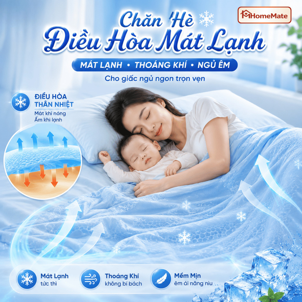 Chăn Hè Làm Mát Thoáng Khí, Mền Lạnh Điều Hòa Ice Silk HomeMate –  Mềm Mịn, Hạ Nhiệt Giấc Ngủ