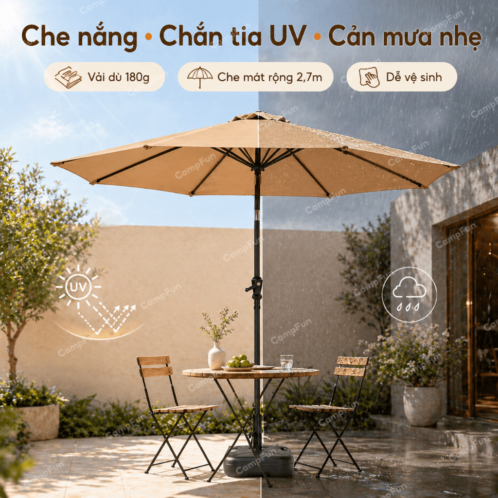 Dù Sân Vườn 3M Chống Nắng Chống UV Ô Dù Tròn Chính Tâm Có Thể Nghiêng 45° Dùng Cho Cafe Hồ Bơi Ban Công Ngoài Trời