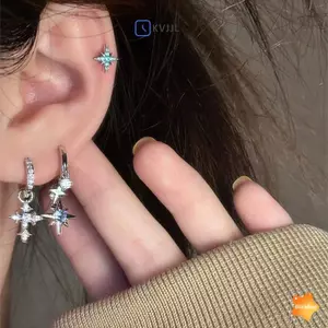 Bông tai mặt dây chuyền hình ngôi sao tám cánh màu xanh Zircon dành cho nữ Màu bạc Star sel Ear Bule Y2K Món quà trang sức mới