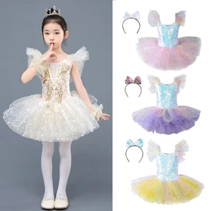 💕Chỗ💕 Váy Sequin Ba Lê Tiêu Chuẩn Trang Phục Quần Áo Bé Gái 3-12 Tuổi Trẻ Em Mới Lạ Ruffle Tay Ren