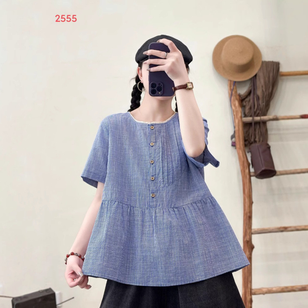 [Sẵn Sàng] Áo Sơ Mi Nữ Sợi Cotton Cao Cấp Mùa Hè Mới Ren Kẻ Sọc Hàn Quốc Cổ Tròn Tay Ngắn Rời Áo Sơ Mi Thường Ngày
