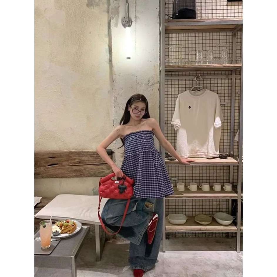 Milyfashion Mùa Hè Kẻ Sọc Váy Ống Top Hai Cánh Phong Cách Mới Phiên Bản Hàn Quốc Retro Tất Cả Trận Đấu Dù Váy