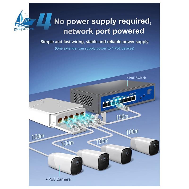 [gouyu77.vn] Bộ lặp POE chống nước ngoài trời 4 cổng IP55 mới Bộ mở rộng PoE Công tắc mạng 1 đến 4 cho máy ảnh IP
