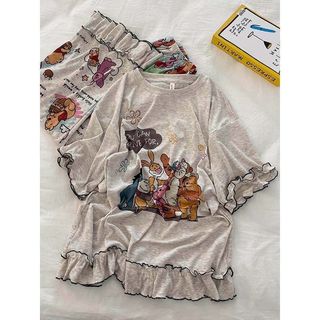Phong Cách Hàn Quốc Dễ Thương Winnie the Pooh Hoạt Hình In Loungewear Niche 2026 Phong Cách Mới Ren Quần Ngắn Tay Bộ Đồ Ngủ Nữ 5.19