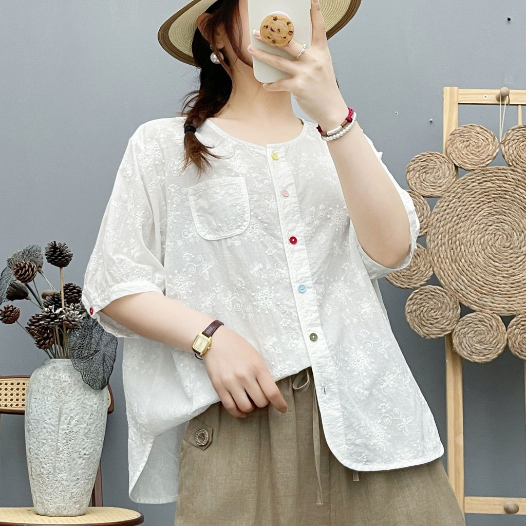 [Sẵn sàng] Áo sơ mi nữ Cotton chất lượng cao Nút màu thêu Jacquard tay ngắn dáng rộng Áo sơ mi ren công nghiệp