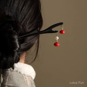 Wan Persimmon Ruyi - Kẹp tóc và mặt dây chuyền hồng làm từ gỗ đàn hương, phụ kiện tóc cổ điển cho hanfu