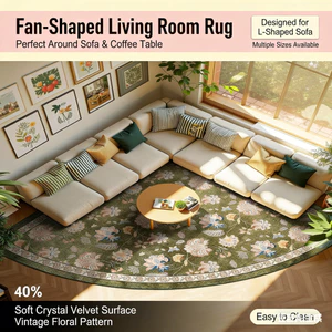 Thảm trải sàn phòng khách hình quạt nhung nước hoa vintage – thảm trang trí ôm góc sofa & bàn trà, dễ vệ sinh, nhiều kích thước