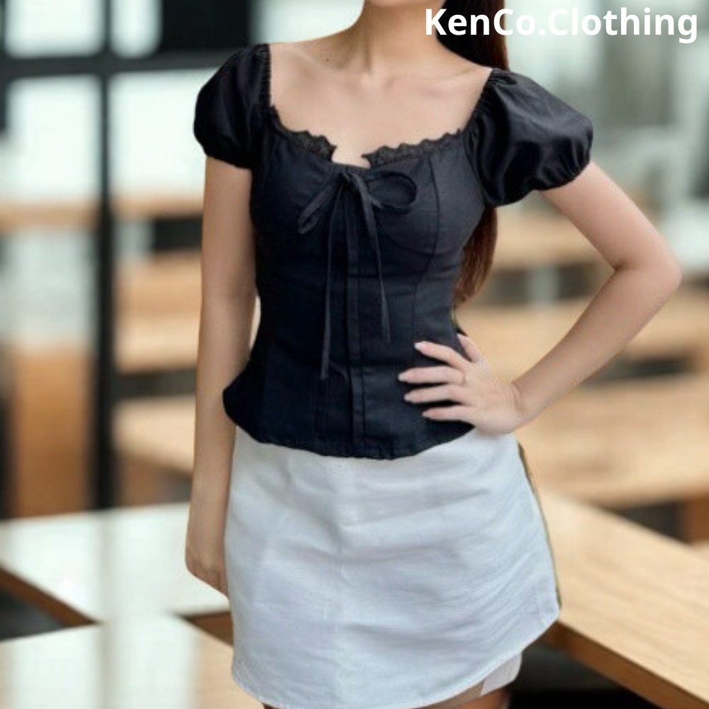 Áo babydoll nữ kiểu Linen tay phồng nơ ngực công chúa phong cách  M380