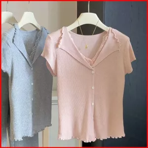 GC1 Mùa Hè Ren Splice Cổ Chữ V Đan Top Giả Hai Mảnh Slim Fit Thanh Lịch Áo Sơ Mi Tay Ngắn Cho Nữ GC1