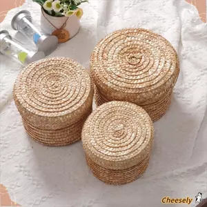 Giỏ đựng đồ dệt CHEESELY, Dệt thủ công có nắp Hộp đựng ống hút, Ống hút lúa mì Hình tròn Phong cách mộc mạc Màu nâu Giỏ đựng quà tặng lưu trữ mỹ phẩm