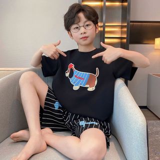 Bộ đồ ngủ bé trai – Áo tay ngắn + quần short, cổ tròn, thoáng khí, mát mùa hè, thoải mái & dễ chịu