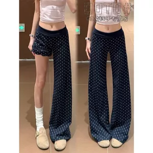 Phong cách mới Phong cách Hàn Quốc phù hợp Phong cách lười biếng Slimer Look Casual Màu xanh hải quân Chấm bi Quần loe Trous
