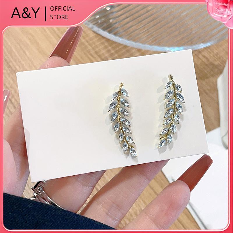 Bông tai hình lá kim cương giả sáng bóng sang trọng A & Y dành cho nữ Bông tai vòng đeo tai lúa mì tinh tế Trang sức cưới.