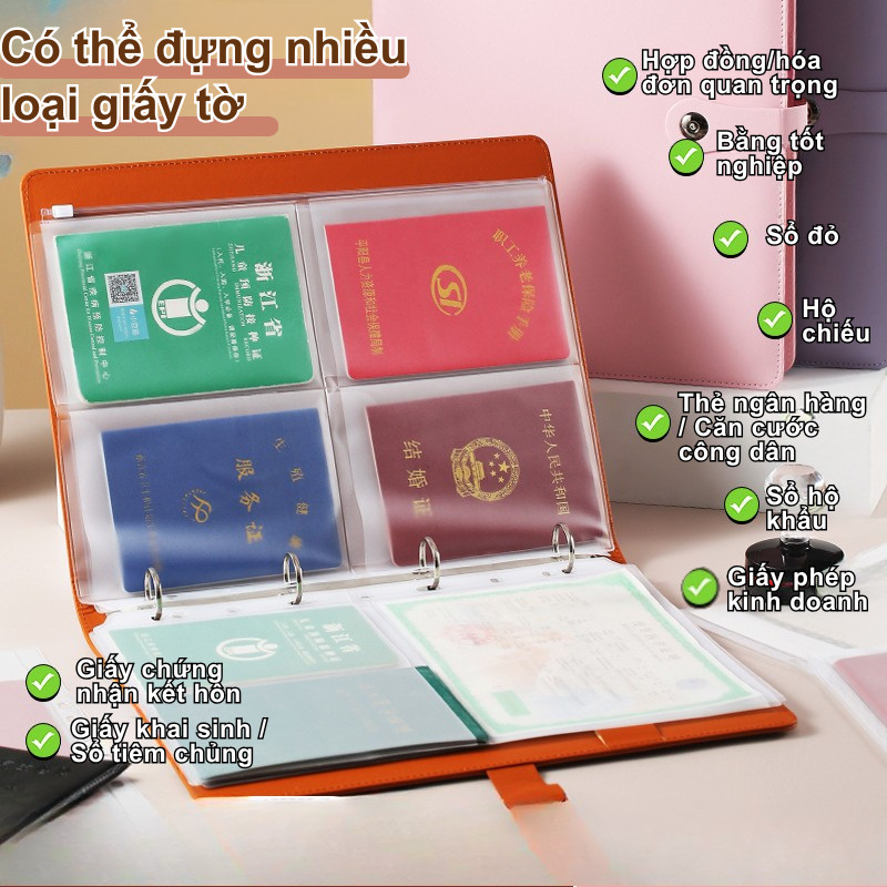 Sổ Còng Da PU Cao Cấp Chống Nước Bụi Khóa Kéo+Nam Châm Vòng KL Lớn Nhiều Ngăn PVC Đựng Hồ Sơ A4