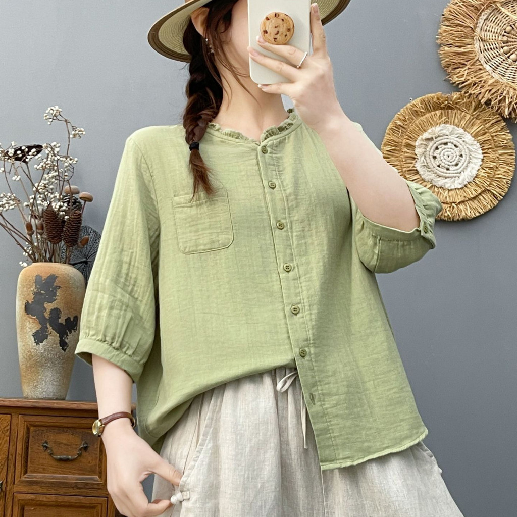 [Hàng có sẵn] Áo sơ mi nữ chất liệu 100% Cotton mềm mại, cổ ren đơn giản, tay vừa, màu trơn