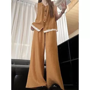 Thời trang mùa hè Phiên bản Hàn Quốc Màu vàng ngọt ngào Quần không tay ren đơn giản Bộ đồ ngủ cho nữ Đồ mặc nhà thoải mái