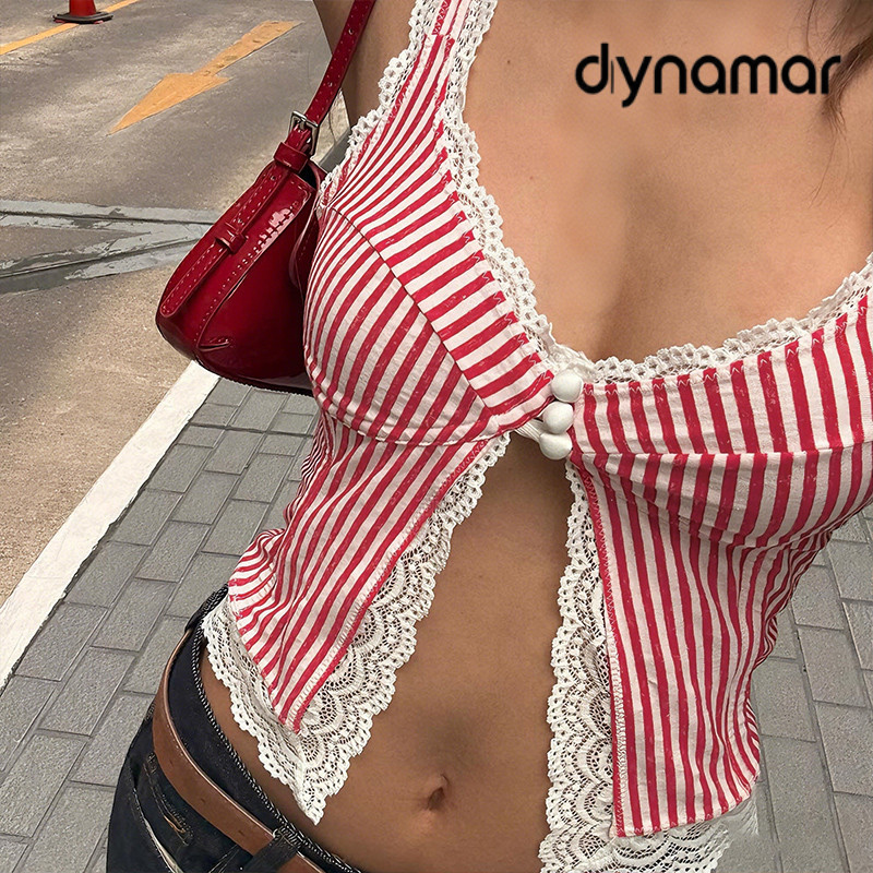 【dynamar】Cổ chữ V Áo ba lỗ ngắn ren sọc mùa hè dành cho nữ, thời trang và gợi cảm