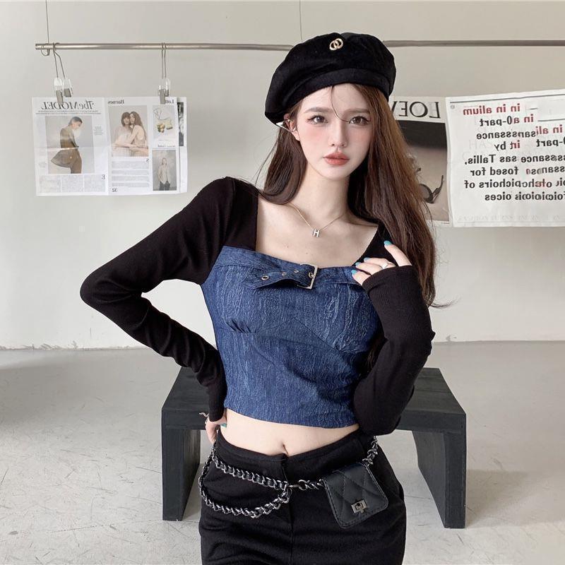 Ngọt Cay Khâu Denim Dài Tay Giả Hai Mảnh Đáy Áo Sơ Mi Nữ Mùa Thu Thiết Kế Niche Pure Desire Ngắn Top