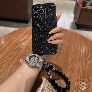 Tương thích cho iPhone 17 Air 16E 16 15 14 Plus 13 12 11 Pro Max Ốp điện thoại có dây đeo hạt màu đen Bạc lấp lánh sáng bóng Vỏ sang trọng