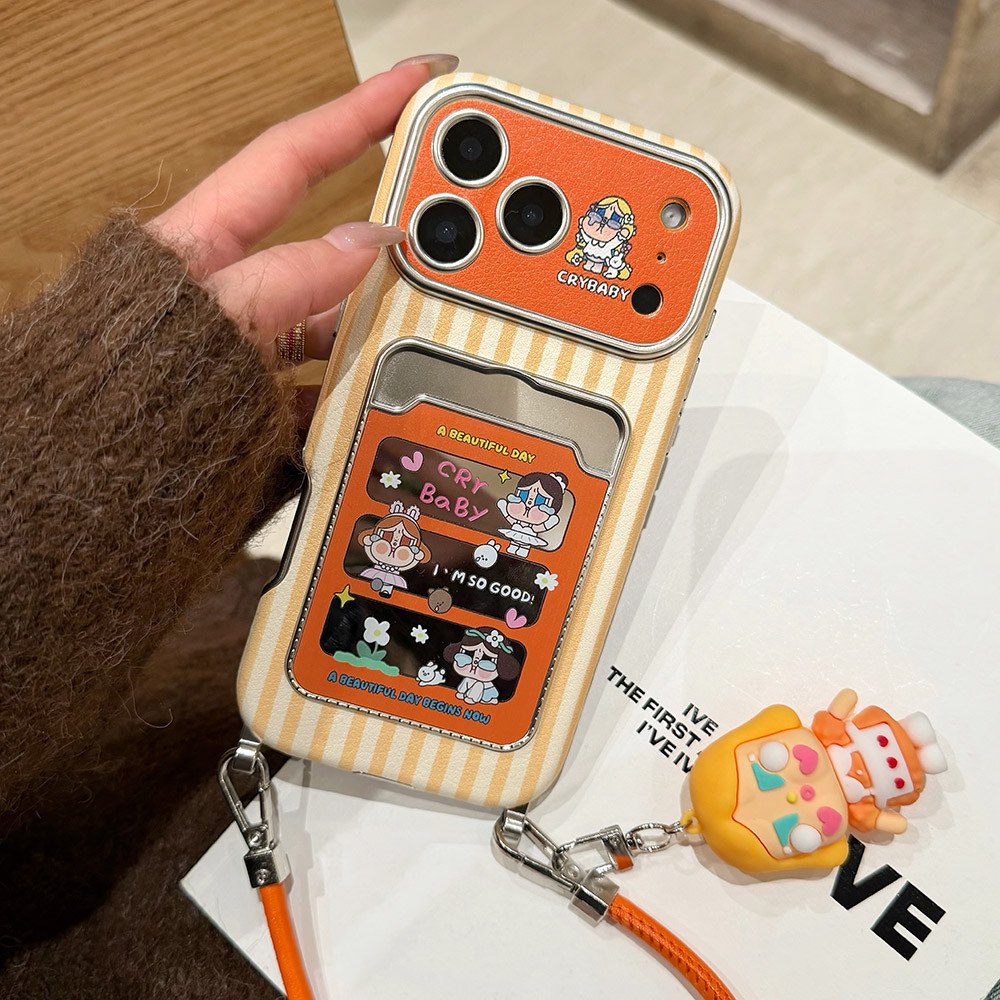 Cam Cô Gái Khóc Dây Túi Đựng Thẻ Mạ Da Điện Thoại Cho iPhone 17 Pro Max 16 15 14 13 Vỏ Bảo Vệ Chống Sốc