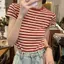 Áo thun nữ ngắn tay cổ tròn sọc màu tương phản, phù hợp mùa hè