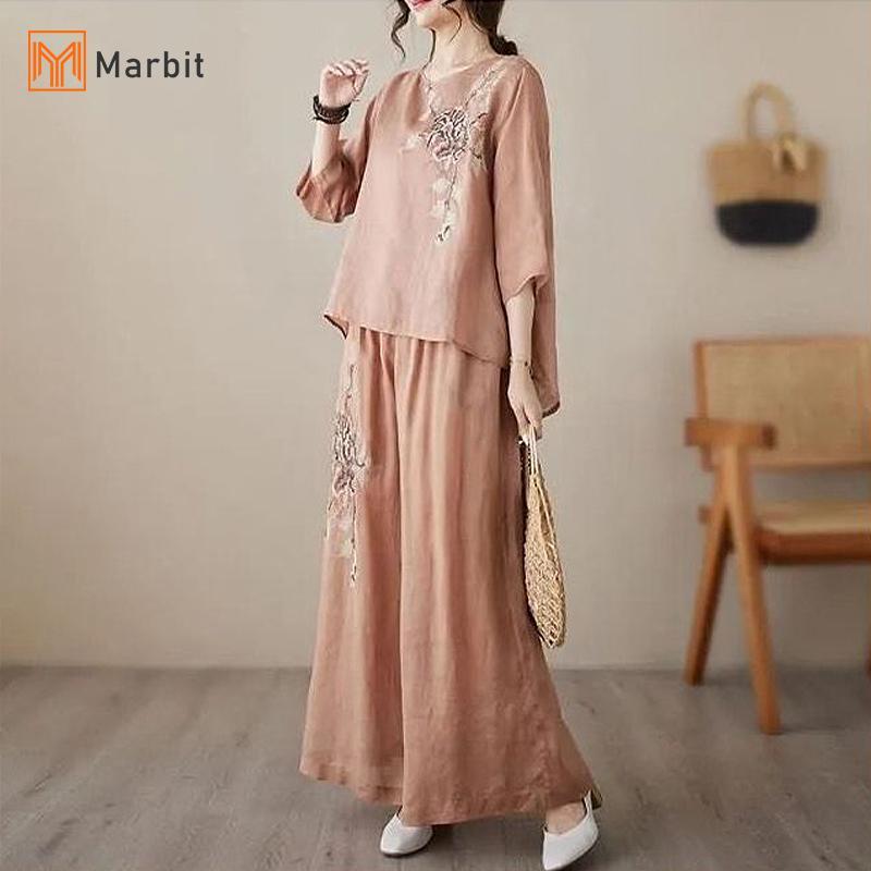 Marbit Áo Sơ Mi Thêu và Quần Ống Rộng Retro, Thời Trang cho Nữ