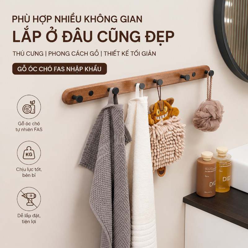 Móc dán tường bằng gỗ óc chó, móc treo tường cao cấp, móc dán treo đồ chắc chắn tiện dụng