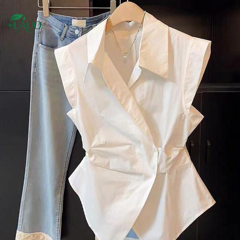 Springevenstar Pháp Tính Khí Ve Áo Áo Sơ Mi Không Tay Sang Trọng Không Đều Eo cinching Top Dành Cho Nữ Springevenstar