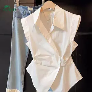 Springevenstar Pháp Tính Khí Ve Áo Áo Sơ Mi Không Tay Sang Trọng Không Đều Eo cinching Top Dành Cho Nữ Springevenstar