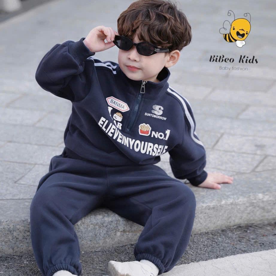 [BiBeo Kids] Bộ quần áo NỈ CỔ ĐỨNG KÉO KHÓA NO.1 cho bé trai , Bộ quần áo NỈ 2 DA mềm thoải mái cho bé