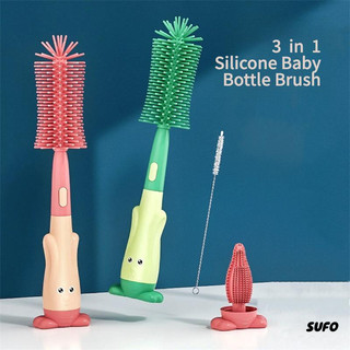 [SUFO] Bộ bàn chải bình sữa silicon ba trong một cho bé, bàn chải rơm, bàn chải núm vú