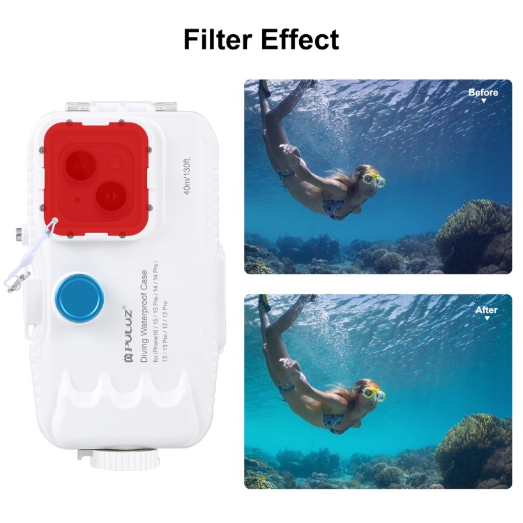 Sẵn sàng giao hàng Vỏ lặn chống nước PULUZ 40m / 130ft cho iPhone 16 / 15 / 15 Pro / 14 / 14 Pro / 13 / 13 Pro / 12 / 12 Pro, với Video chụp ảnh van một chiều chụp ảnh dưới nước Hosin