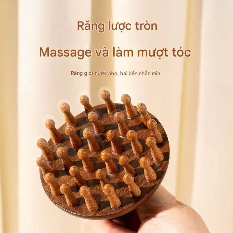 Lược tròn gỗ đàn hương chải đầu hàng ngày, ngăn ngừa gàu, kích thích tuần hoàn máu Đả thông kinh mạch, Thư giãn da đầu
