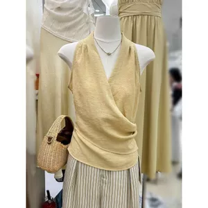 Áo Vest cổ chữ V kiểu Pháp mỏng hơn màu vàng dây áo Vest không tay dành cho nữ