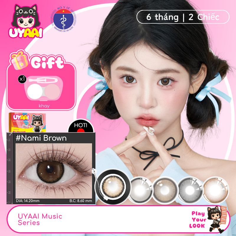 UYAAI 1 Cặp Kính Áp tròng Choco Jump Màu Nâu nami 0.00 Độ 14.2~14.5mm Big Eyes Gray Lens