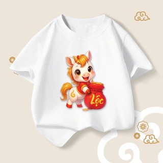 Áo thun ngắn tay bé trai hoạt hình Pony Q版, in hình chú ngựa mang vàng, chất cotton thoáng mát