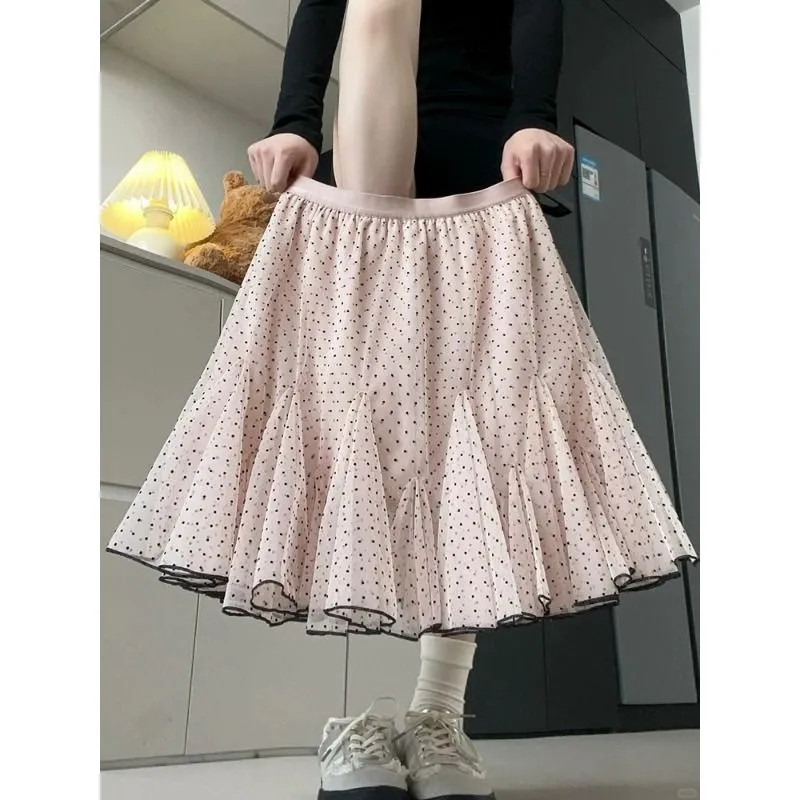 Váy Nữ Màu Hồng Chấm Bi Mới Cao Cấp Slim Chữ A Lưới Puffy Bánh