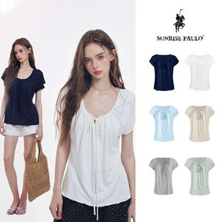 Nơ Dây Rút Phối Ren Áo Thun Nữ Mùa Hè Nhẹ Nhàng Rời Cảm Giác Ôm Hơn Phong Cách Hàn Quốc Nẹp Xếp Ly Top 0513