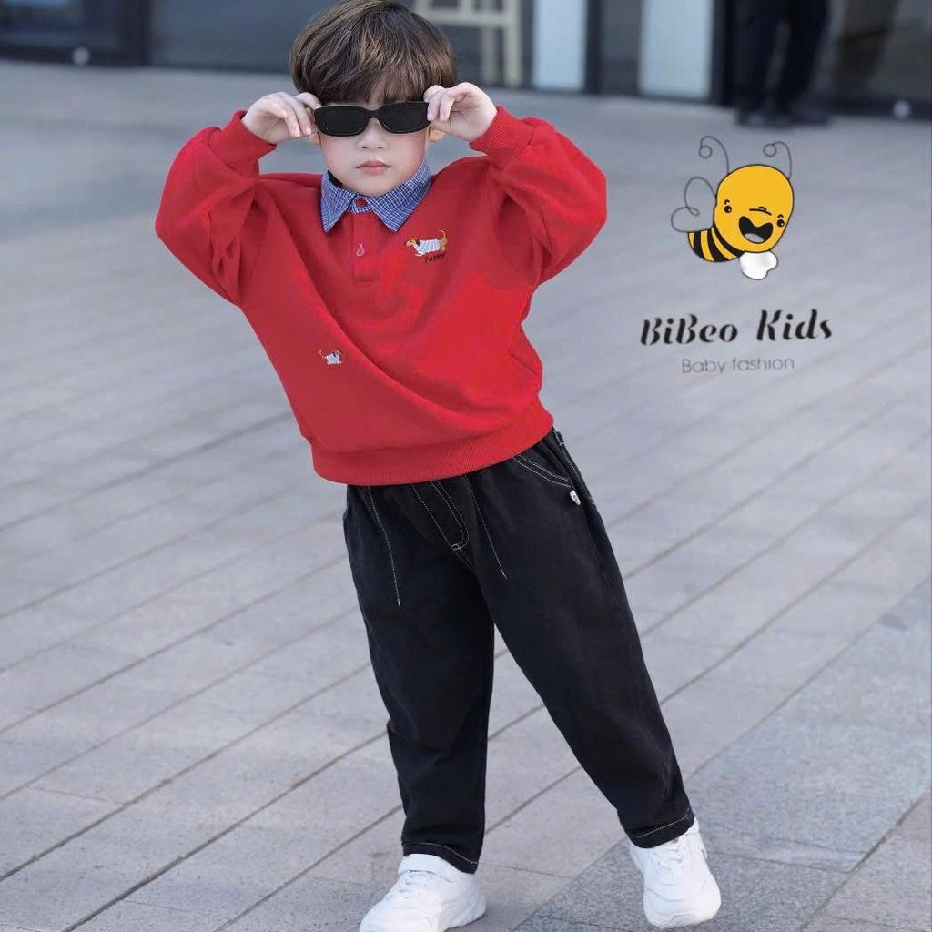 [BiBeo Kids] Bộ Quần Áo Nỉ Bé Trai Phối Áo Đỏ Cổ Sơ Mi Xanh Quần Giả Bò Đen – Set Dài Tay Thời Trang, Lịch Sự, Năng Động