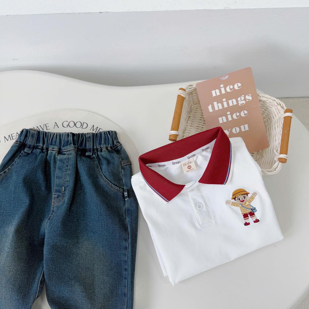 [BiBeo Kids] Bộ Quần Áo Bé Trai Polo Cậu Bé Tinh Nghịch Phối Quần Jean – Bộ Thu Đông Dài Tay